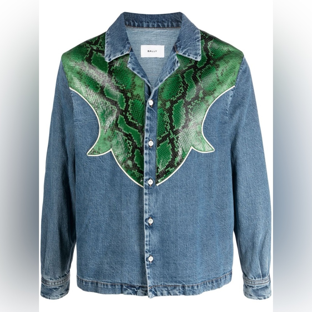 BALLY Snakeskin Panelled Denim Shirt In Light Blue